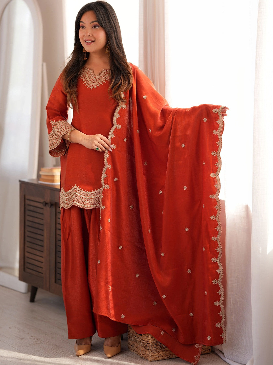 Ethnic Embroidered Jari Work Farshi Salwar Kurta Set With Dupatta (Orange)