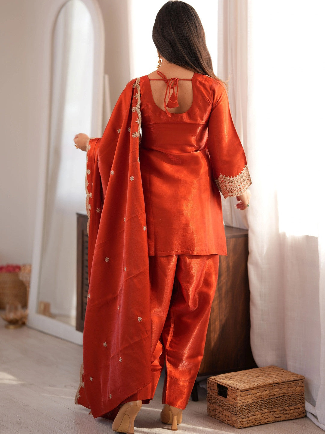 Ethnic Embroidered Jari Work Farshi Salwar Kurta Set With Dupatta (Orange)