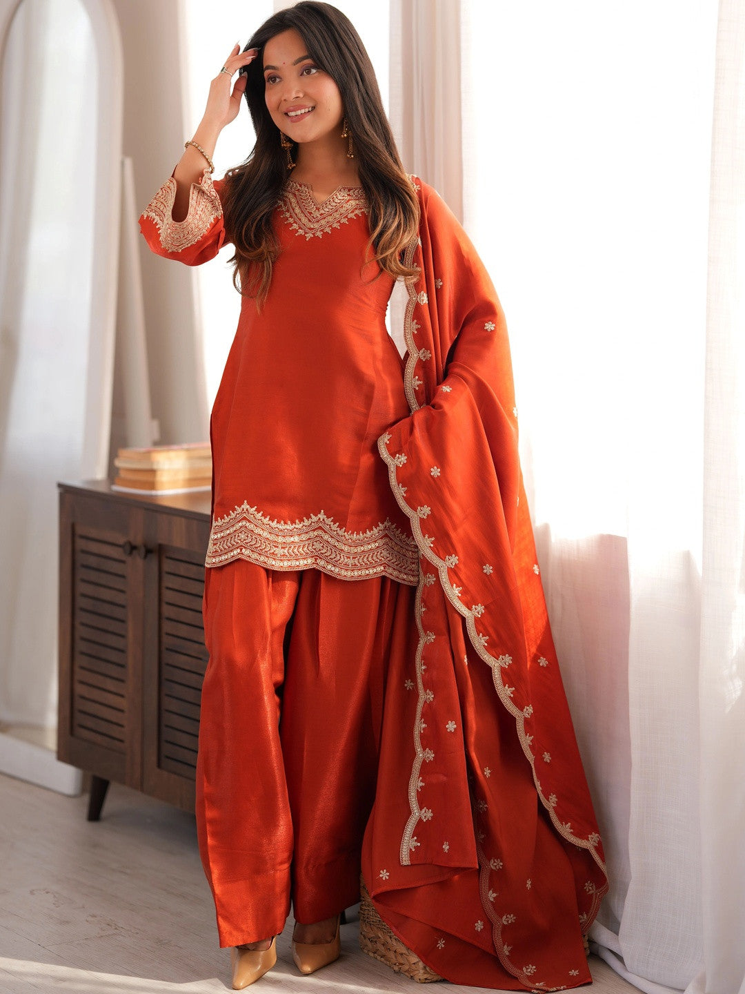 Ethnic Embroidered Jari Work Farshi Salwar Kurta Set With Dupatta (Orange)