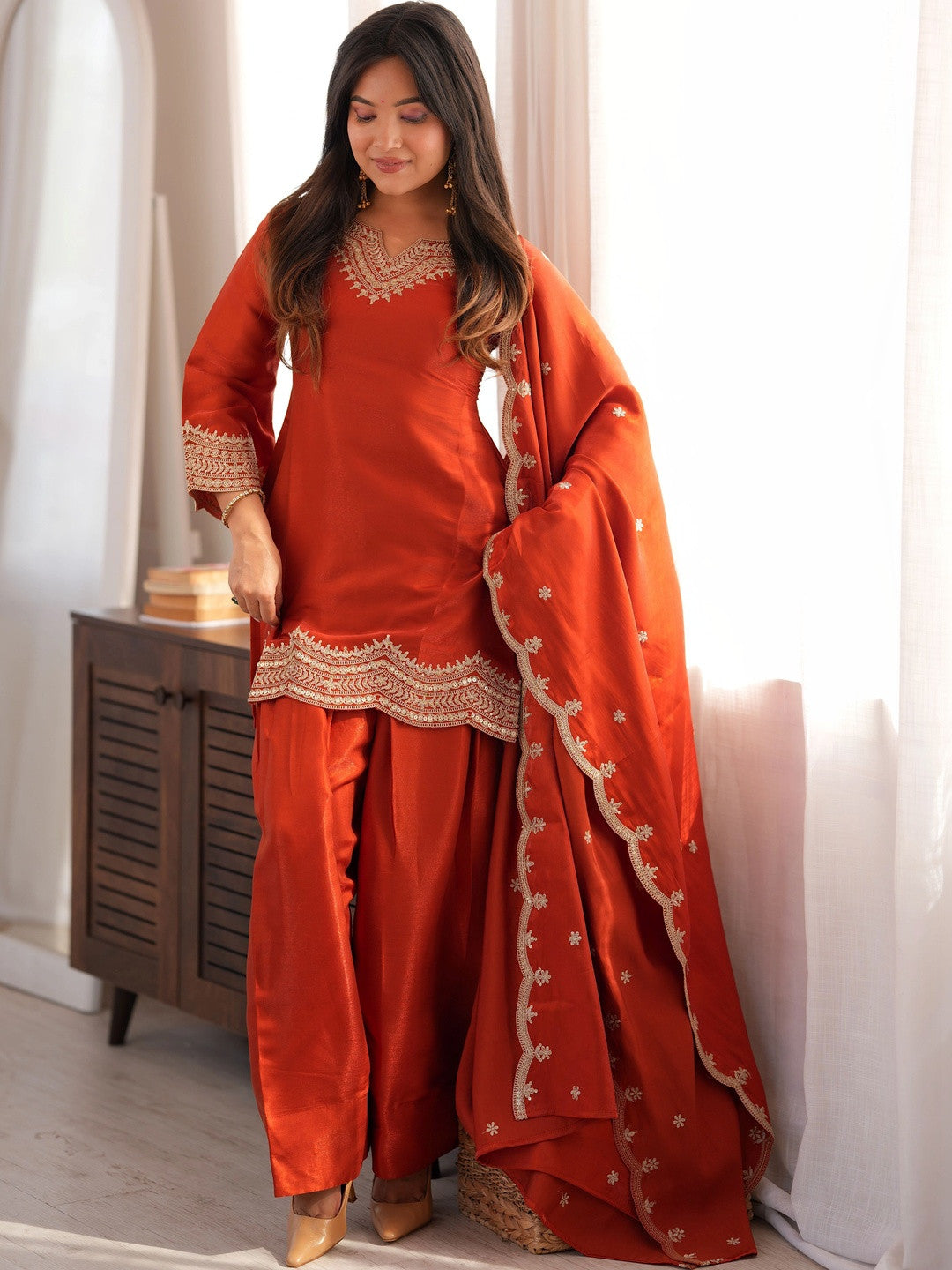 Ethnic Embroidered Jari Work Farshi Salwar Kurta Set With Dupatta (Orange)