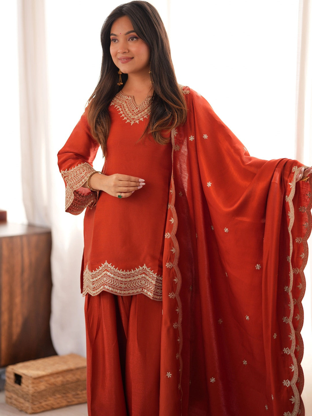 Ethnic Embroidered Jari Work Farshi Salwar Kurta Set With Dupatta (Orange)