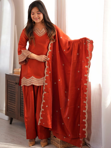 Ethnic Embroidered Jari Work Farshi Salwar Kurta Set With Dupatta (Orange)