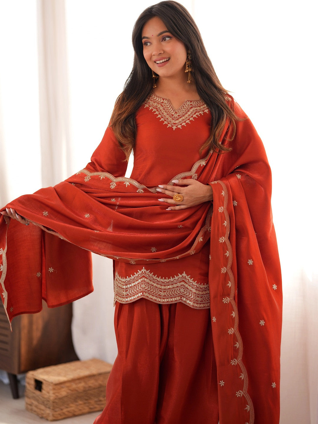 Ethnic Embroidered Jari Work Farshi Salwar Kurta Set With Dupatta (Orange)