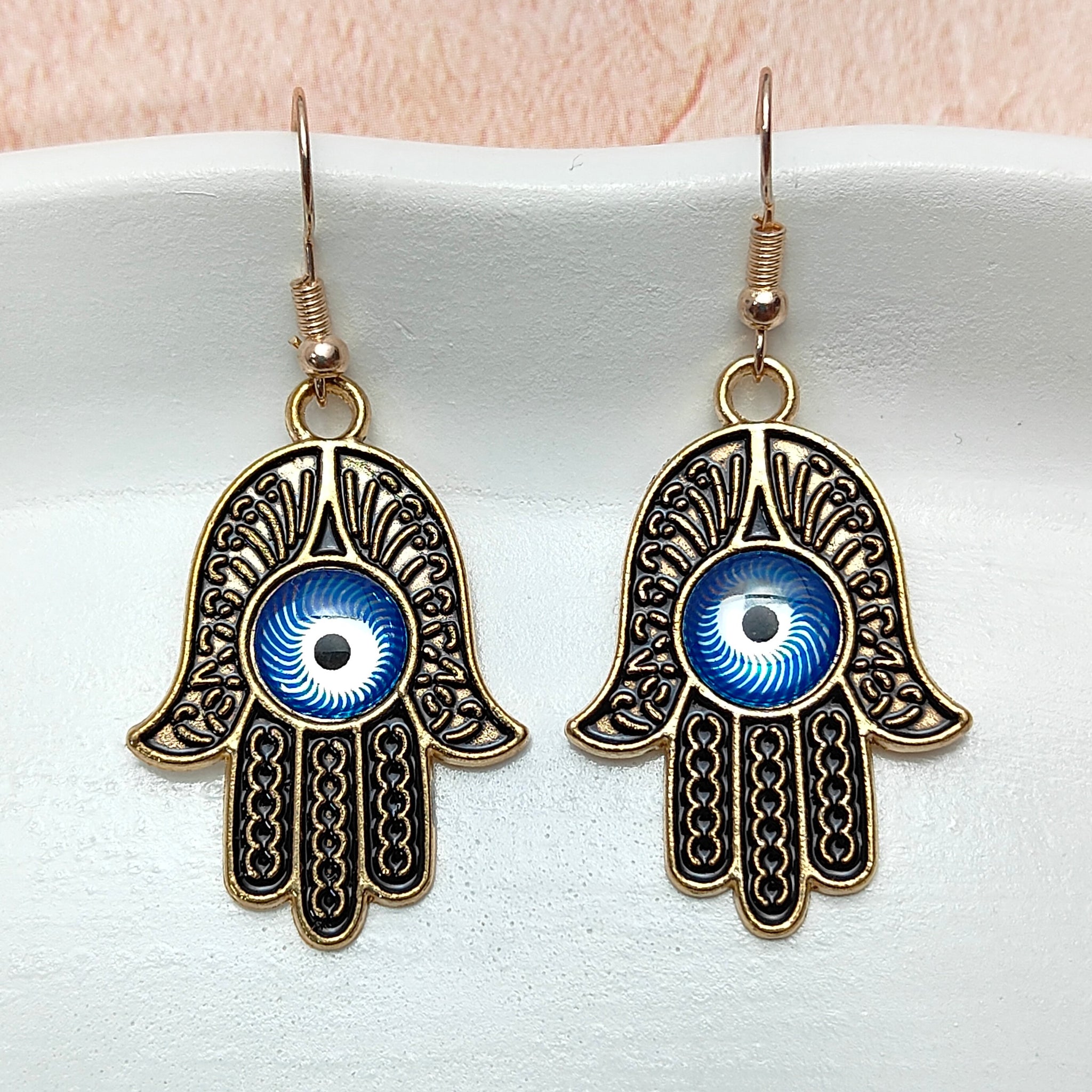 Evil Eye Charm Hamsa Earrings, Hand Of Fatima Palm-Shaped Amulet Earrings (MURB1007)