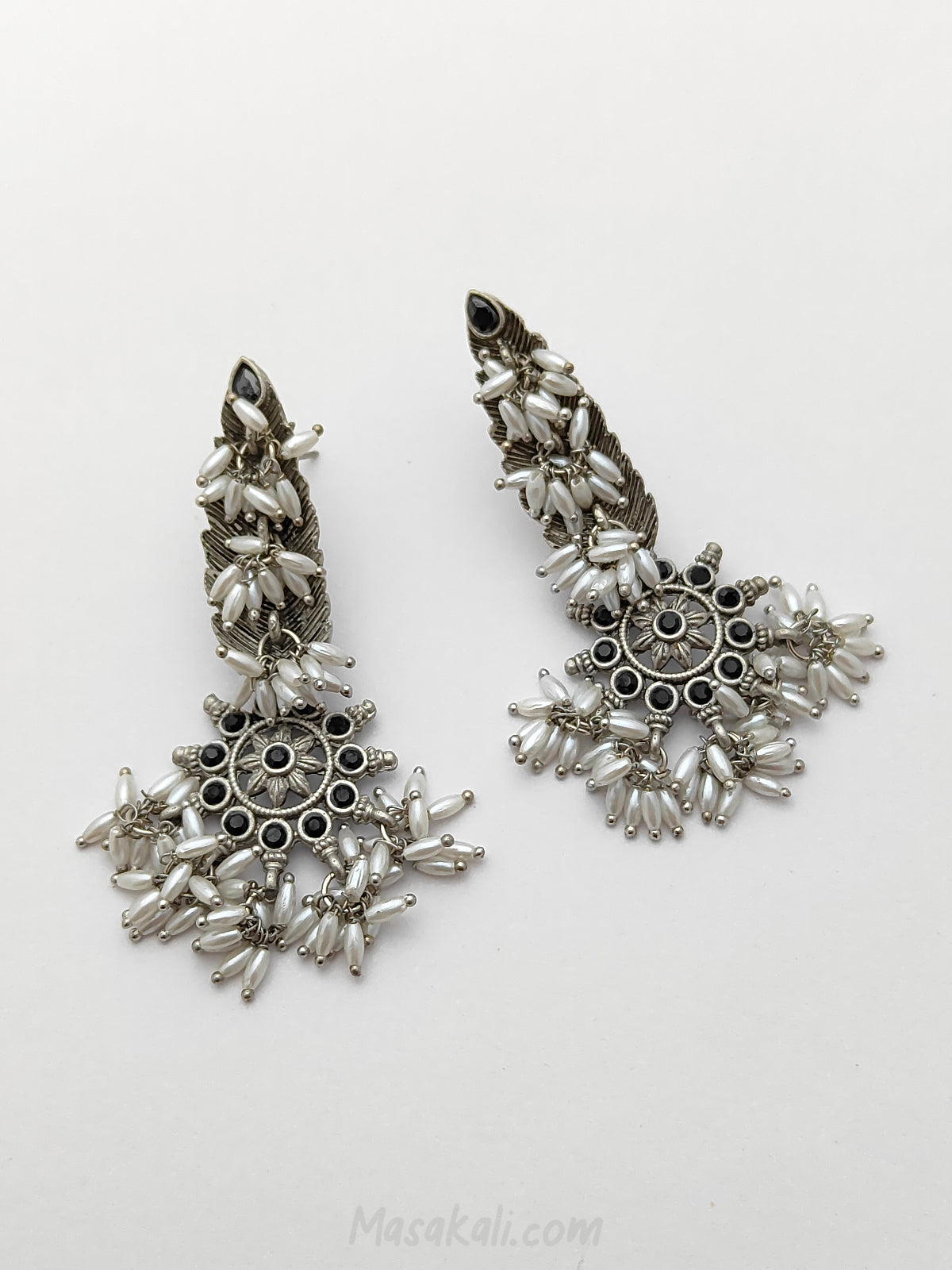 Feather Design Jhumka, Chakri Ethnic White Beaded, Black Stones Earrings For Women