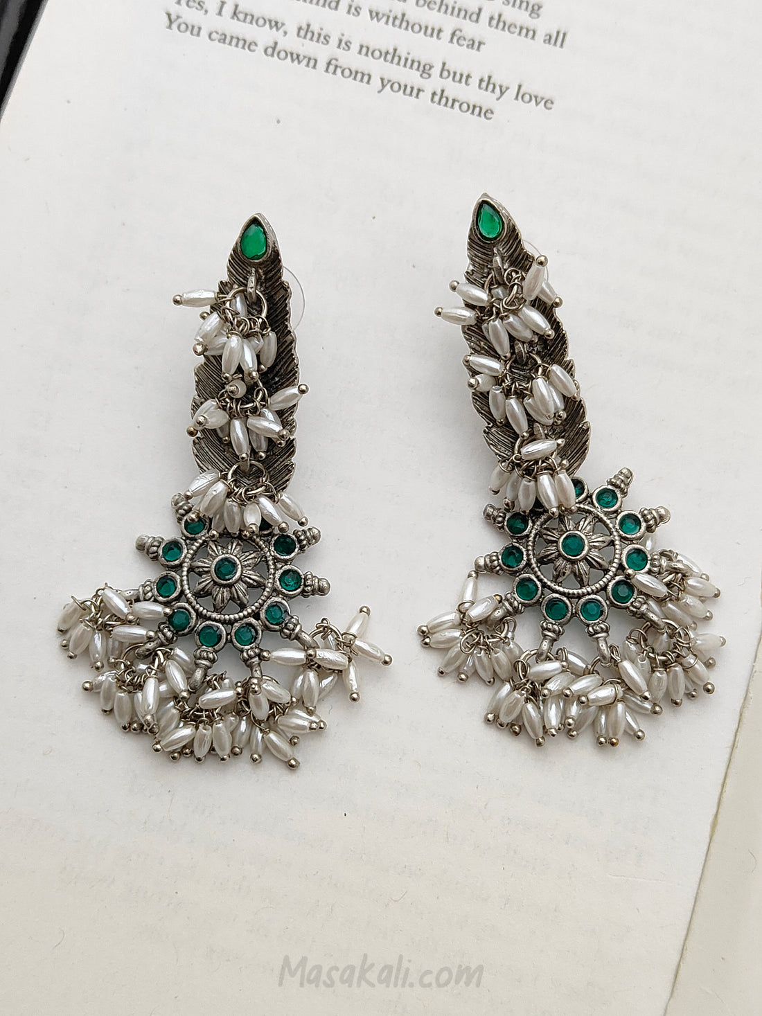 Feather Design, Chakri Traditional Jhumka White Beaded, Green Stones Earrings For Women