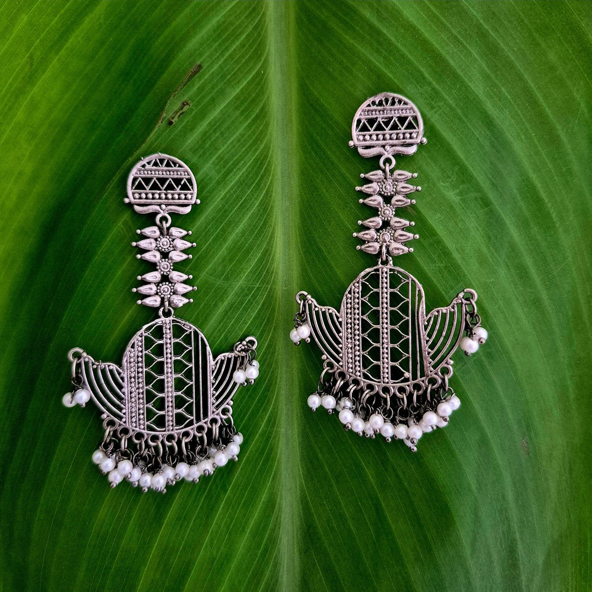 Festive Statement Oxidised Pearl Chandelier Earrings