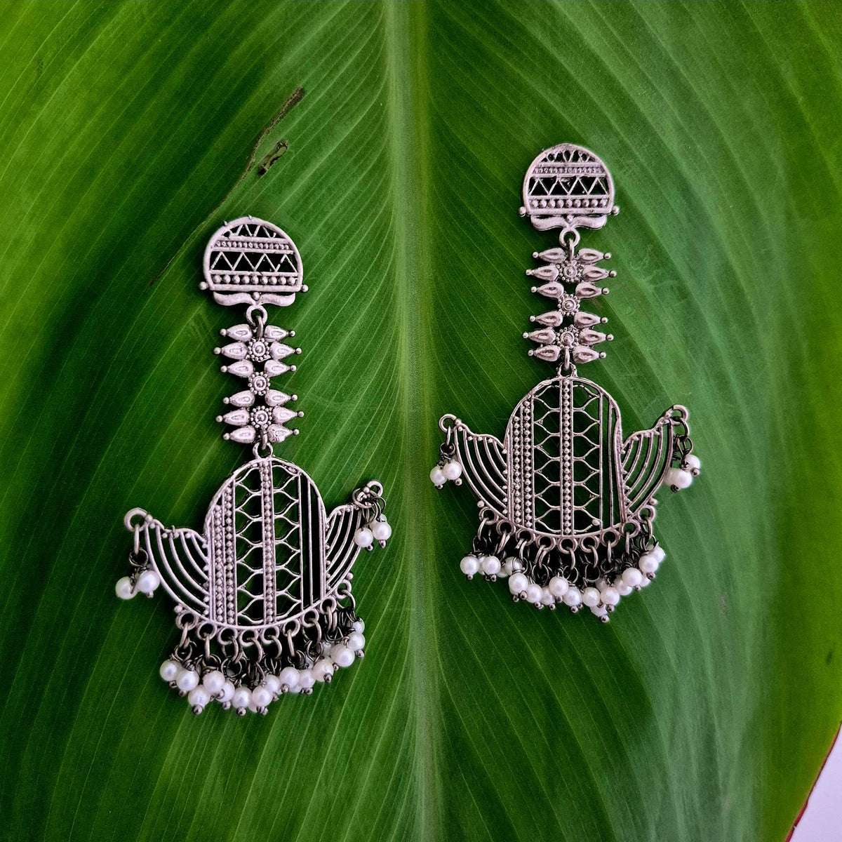 Festive Statement Oxidised Pearl Chandelier Earrings
