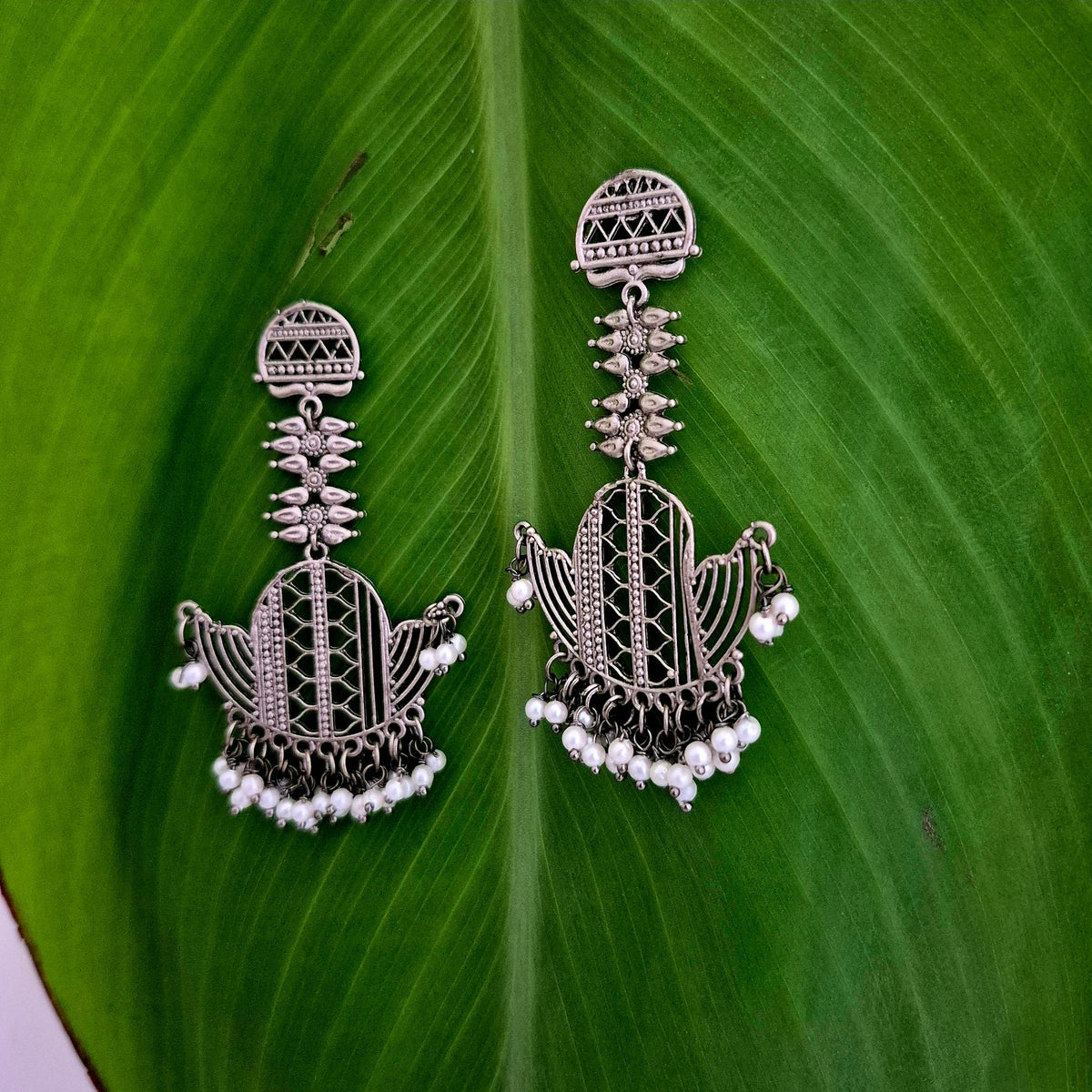Festive Statement Oxidised Pearl Chandelier Earrings