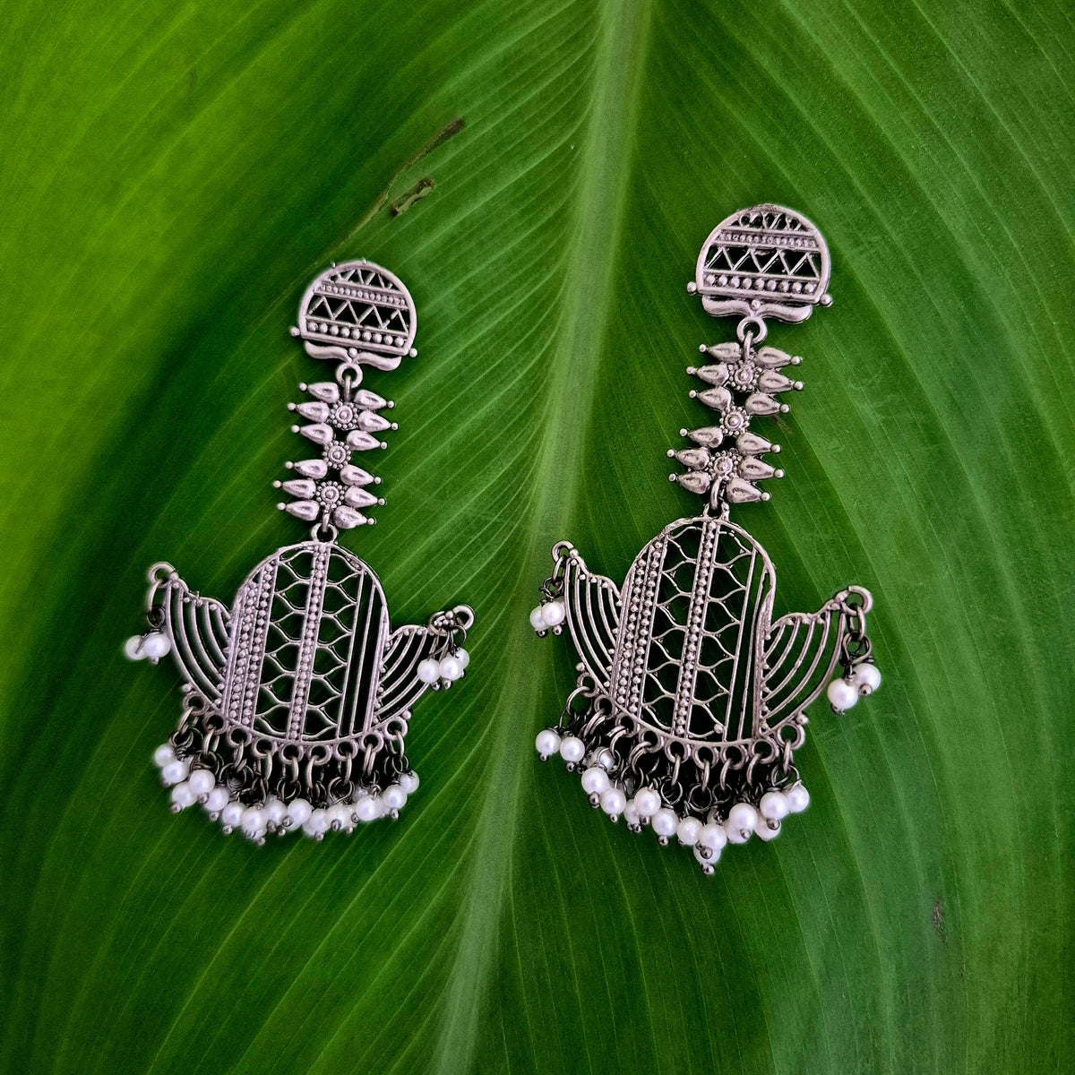 Festive Statement Oxidised Pearl Chandelier Earrings