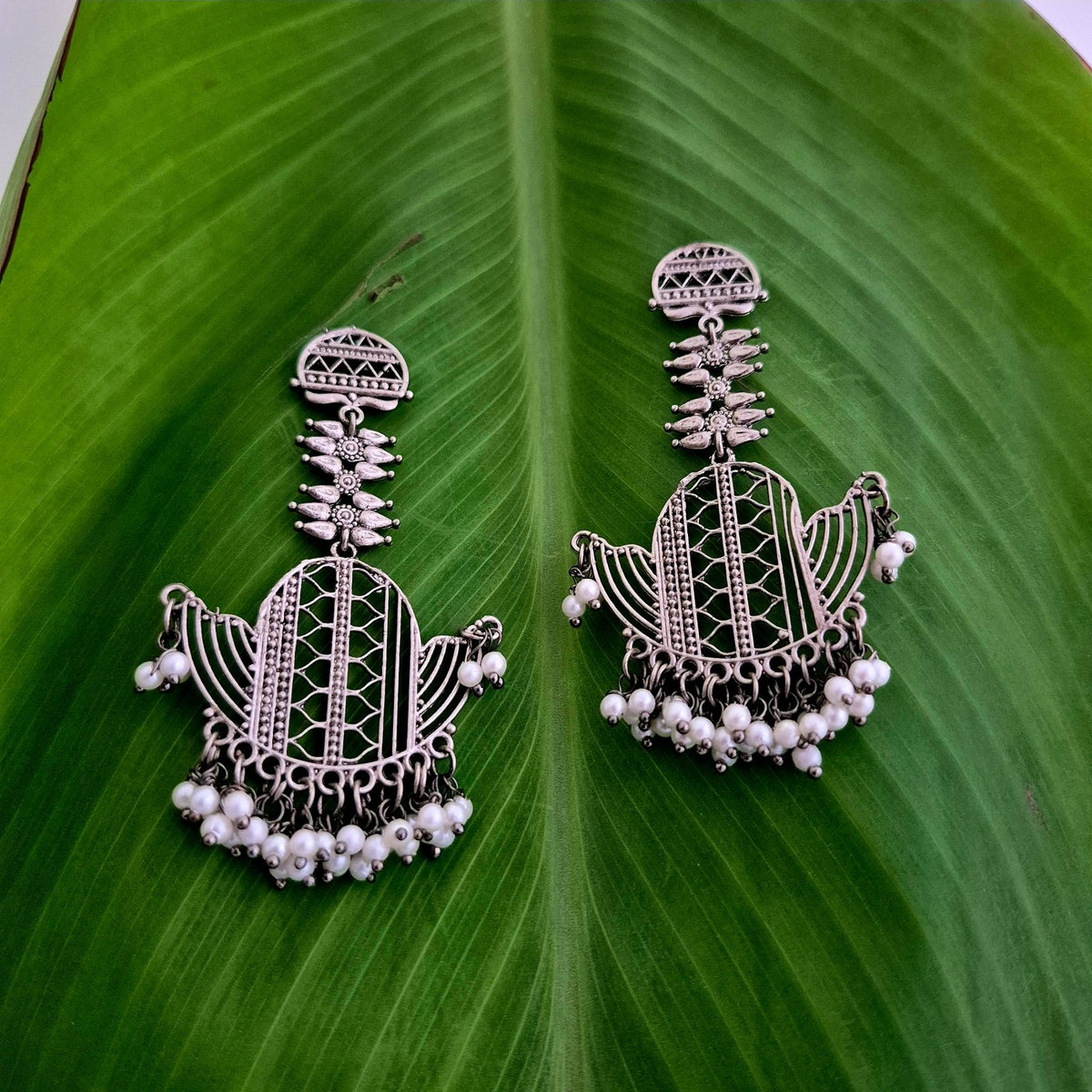 Festive Statement Oxidised Pearl Chandelier Earrings