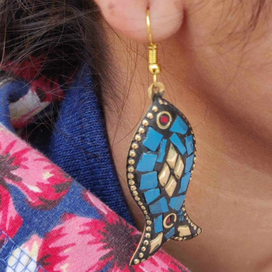 Fish-Shaped Jaipuri Lac Work Handmade Drop Earrings