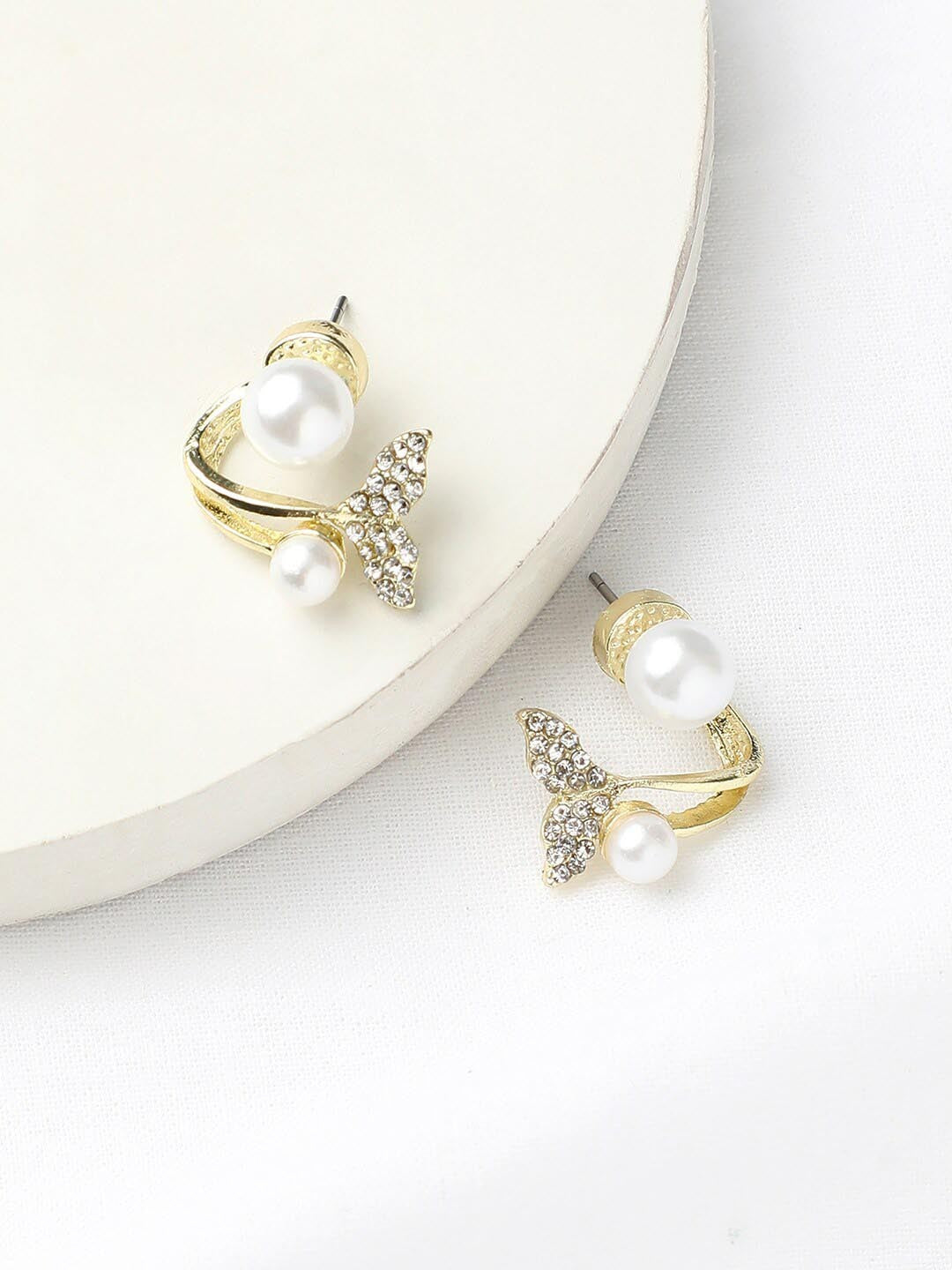 Fishtail Stud Earrings Pearls With Gold-plated Rhinestone Marmaid Tail Earrings Korean Jewellery (MMIN1006)