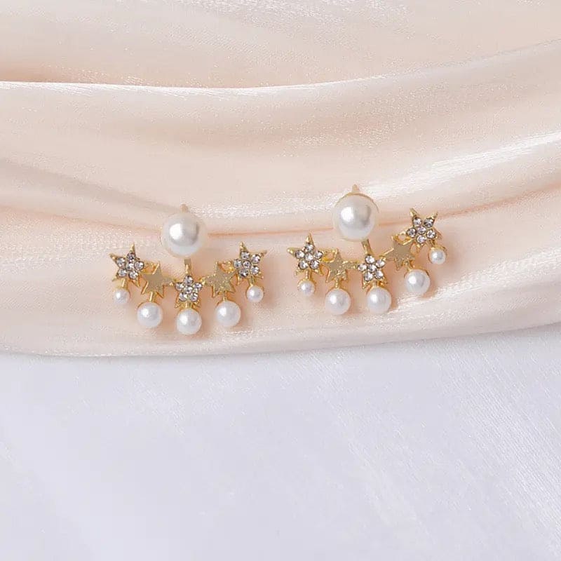 Five-Star Crystal & Pearl Studded Korean Ear Jacket Earrings