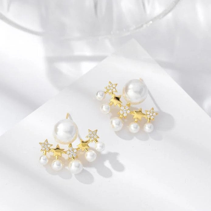Five-Star Crystal & Pearl Studded Korean Ear Jacket Earrings