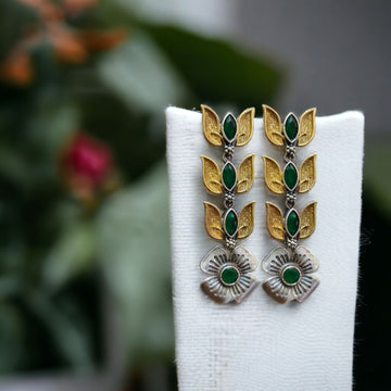 Floral-shaped Green Stone Embellished Dangle Earrings, Dual-toned Cocktail Earrings (MDYJ1062)