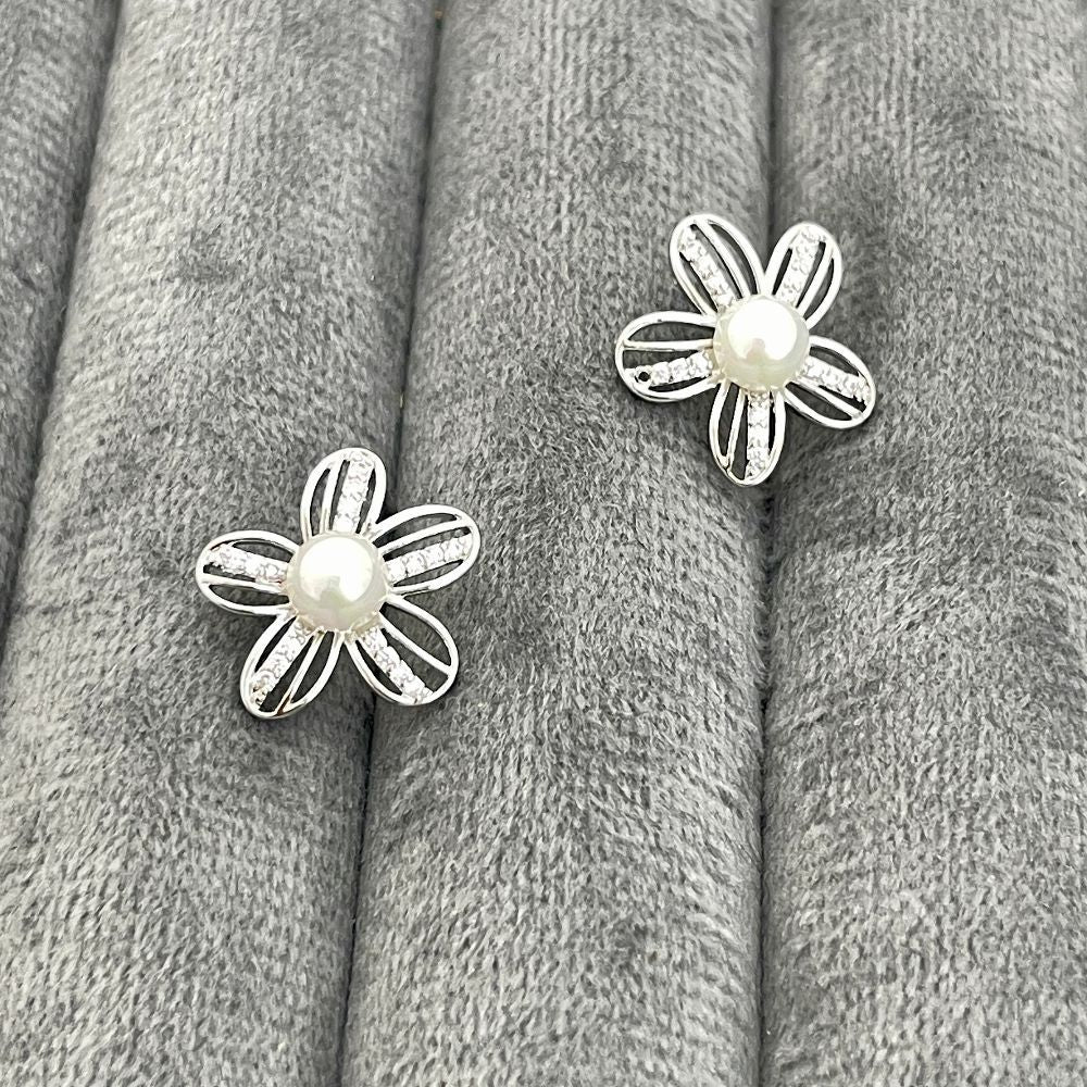 Floral Design White Pearl Studded AD Earrings