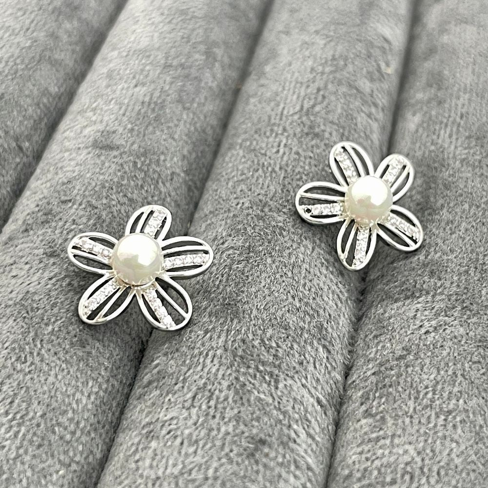 Floral Design White Pearl Studded AD Earrings