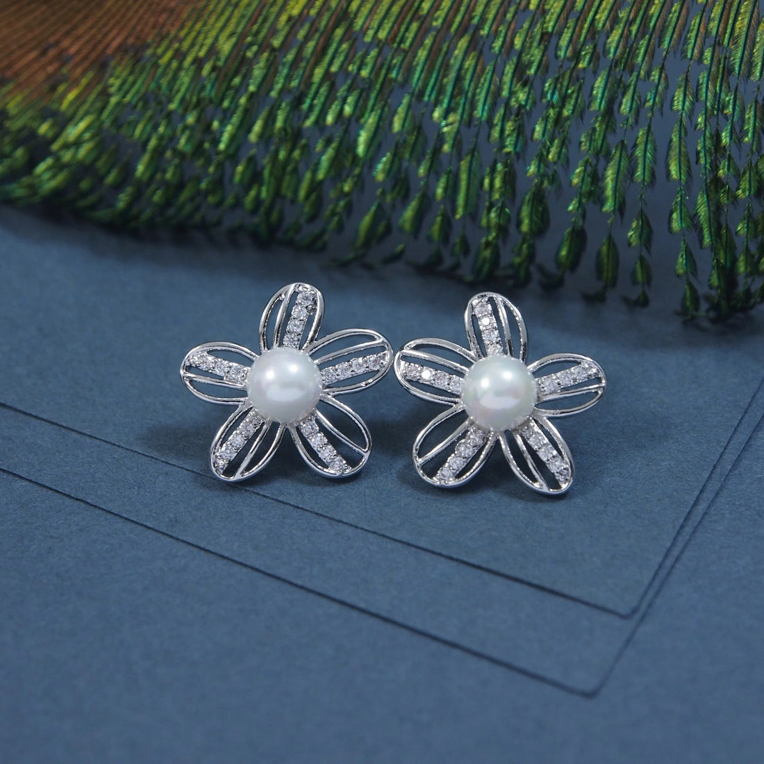 Floral Design White Pearl Studded AD Earrings