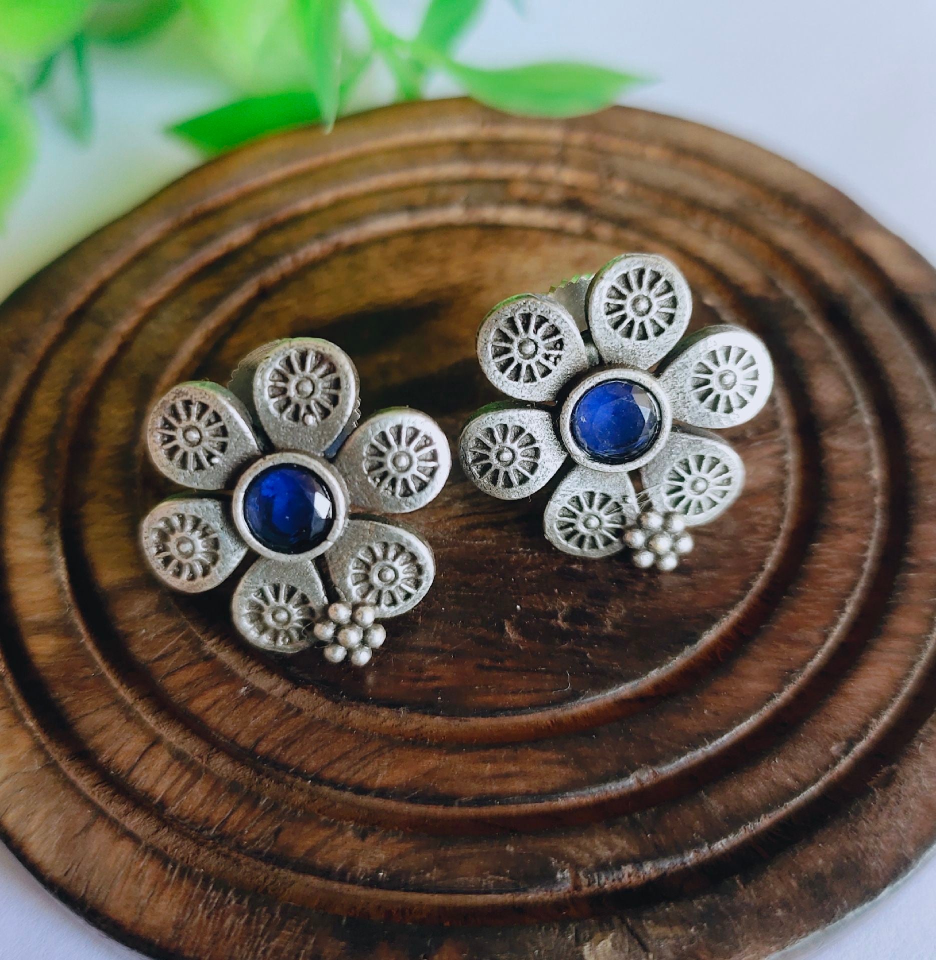 Floral Design, Boho Oxidised Silver Handmade Earrings, Blue Stone (MDYJ1004)