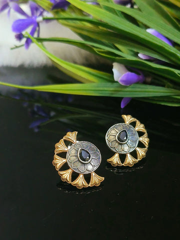 Floral Oxidised Dual Tone Festive Earrings, Gold/Silver Plated Stud Earrings (MDYJ1033)