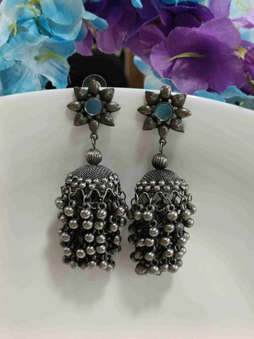 Floral Jhumka With Mirror Work & Ghungroos, Oxidised Afghani Jhumka Earrings