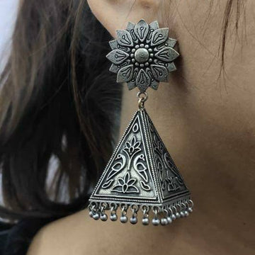 Flower Design Jhumka Ethnic Earrings, Silver Finish Brass Earrings (MDYJ1023)