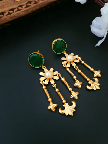 Flower Drop Pearl Earrings, Matte Gold-plated Tassel Earrings, Green (MDYJ1025)