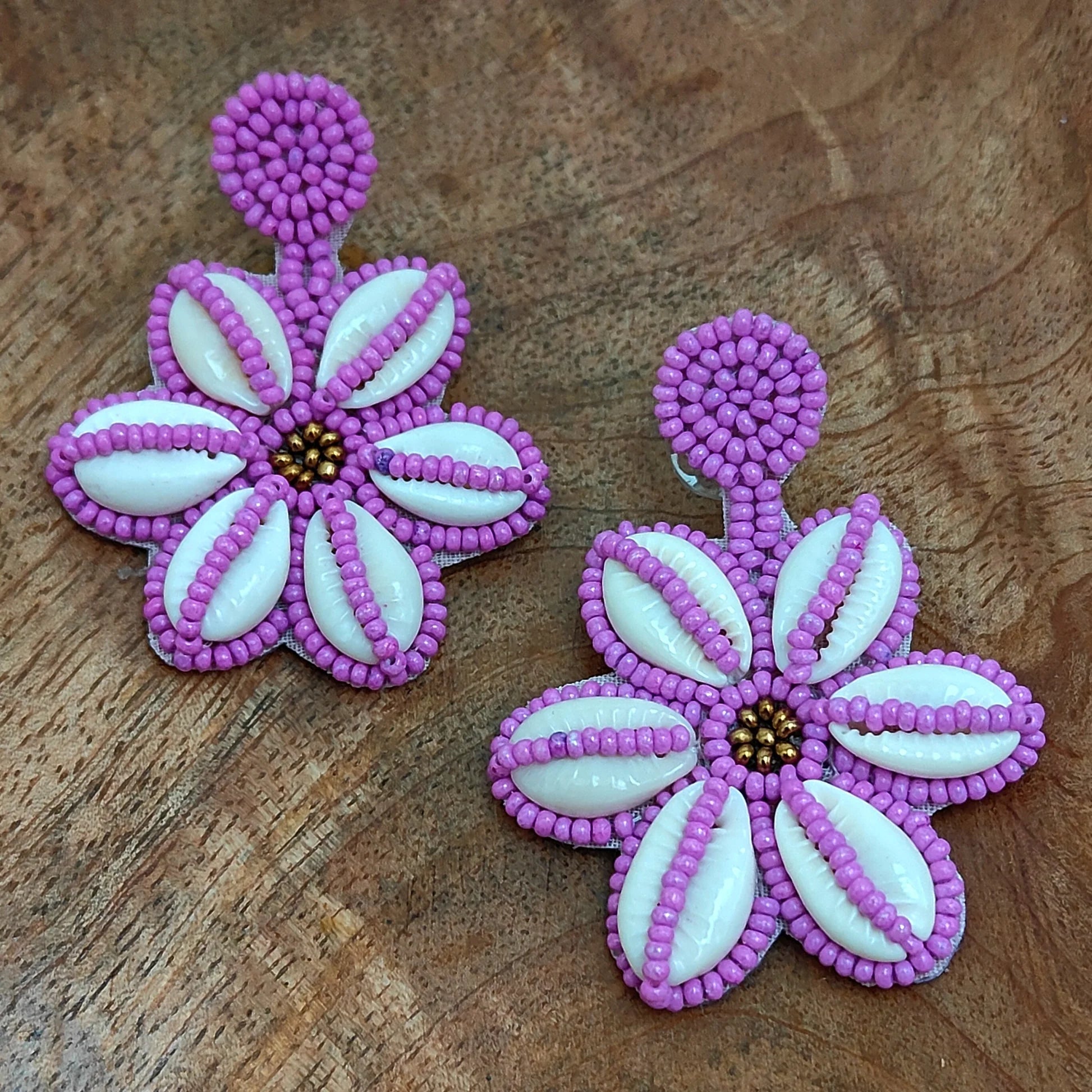 Flower Shaped Cowrie Shell Beaded Earrings, Purple