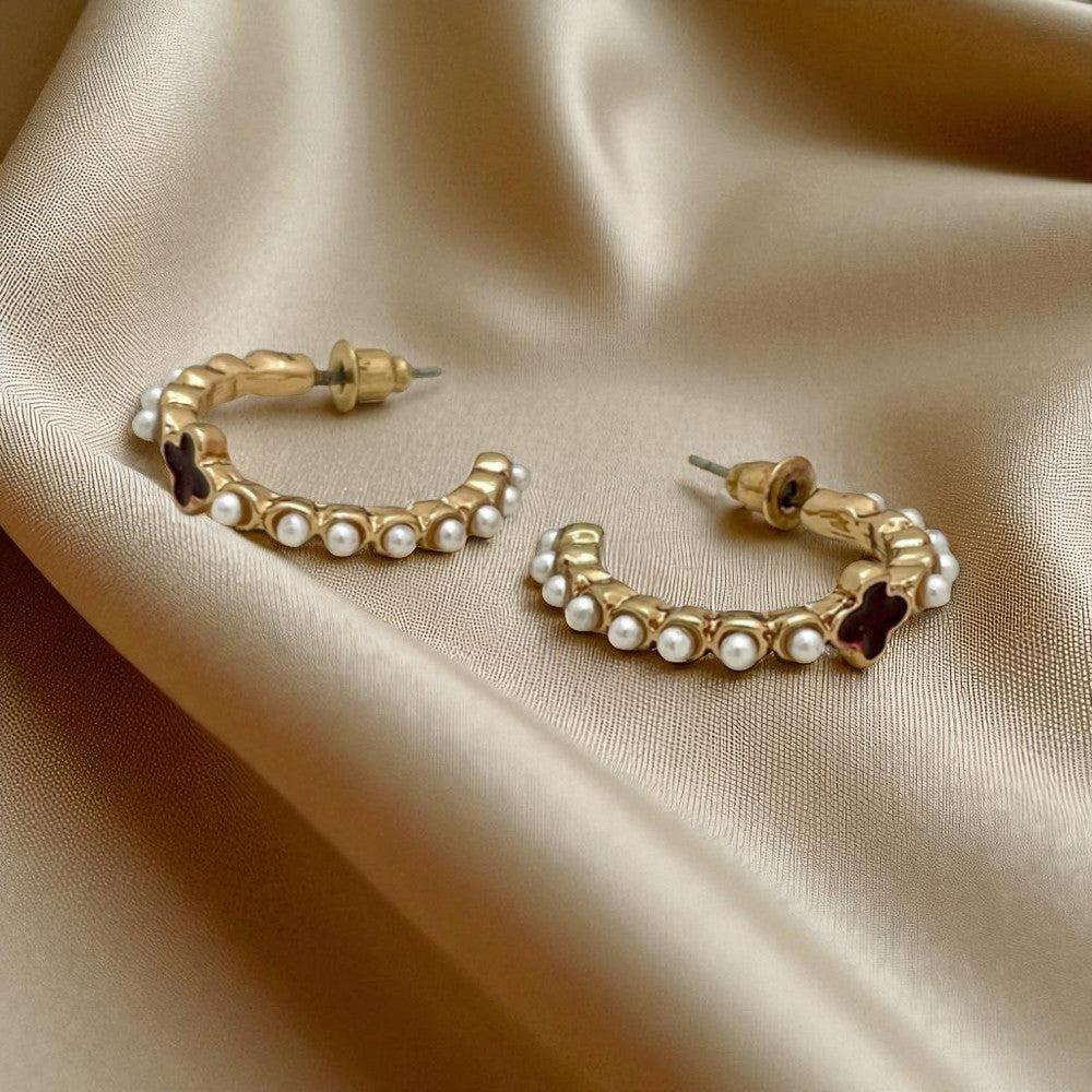 Four-Leaf Clover & Pearl Studded Hoop Earrings