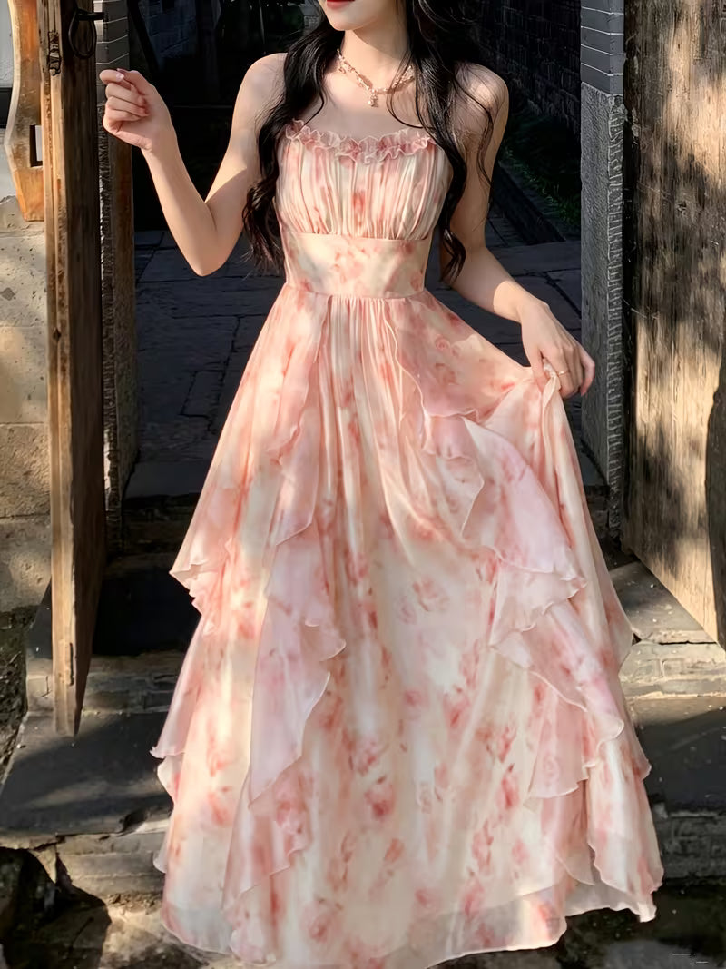 French Floral Fairy A-Line Maxi Dress