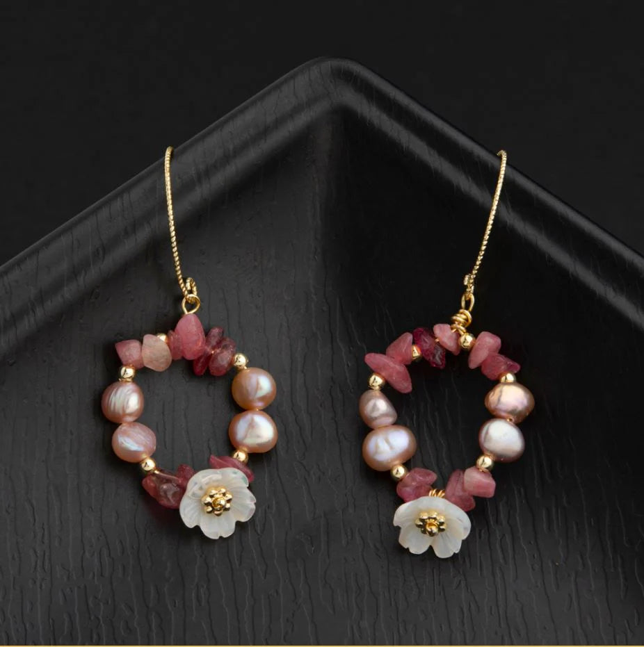 Freshwater Cultured Pearls, Crystal Beads & Flower, Gold Toned Drop Earrings (MTAR1019)