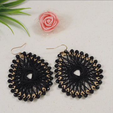 Black Crystals Twisted Knitted Earrings, Crochet Teardrop Earrings (MTAR1032)