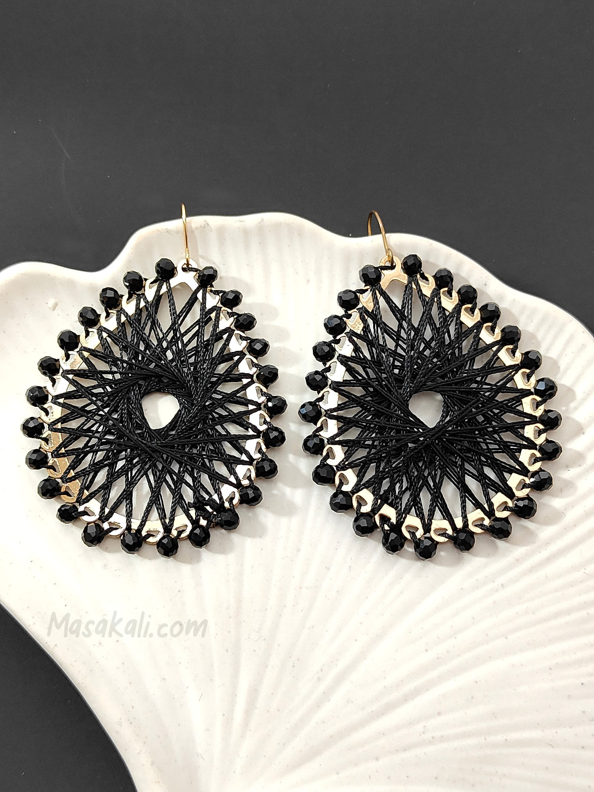 Geometric Black Crystals Twisted Knitted Earrings Crochet Teardrop Dangle Drop Threaded Earrings (MTAR1028)