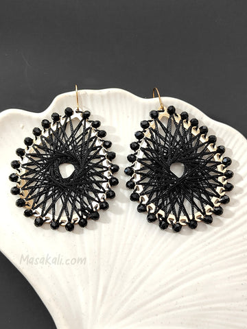 Geometric Black Crystals Twisted Knitted Earrings Crochet Teardrop Dangle Drop Threaded Earrings (MTAR1032)