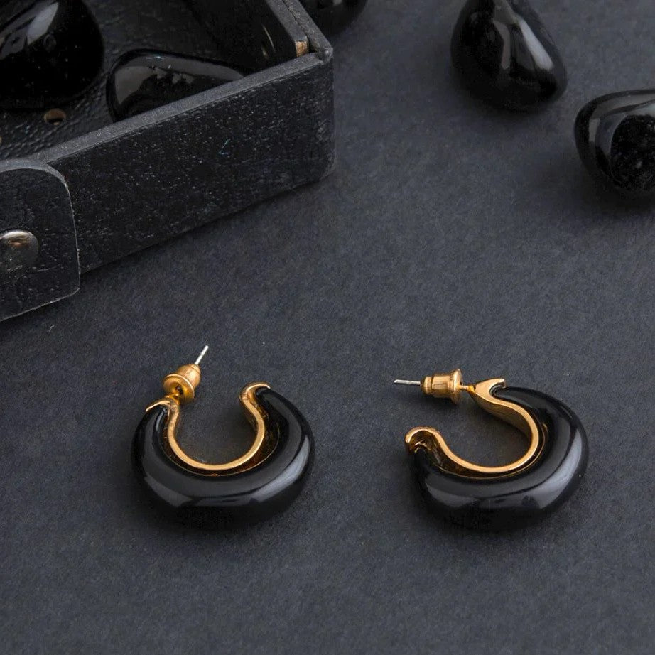 Geometric Korean Half Hoop Earrings - Black