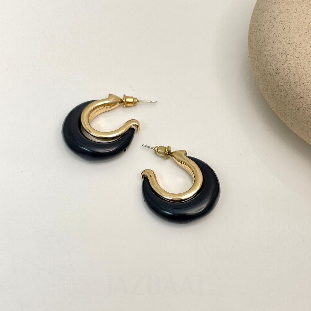 Geometric Korean Half Hoop Earrings - Black