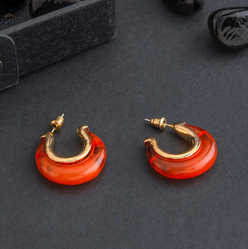 Geometric Shaped Half Hoop Earrings, Gold Plated Acrylic Western Earrings, Orange