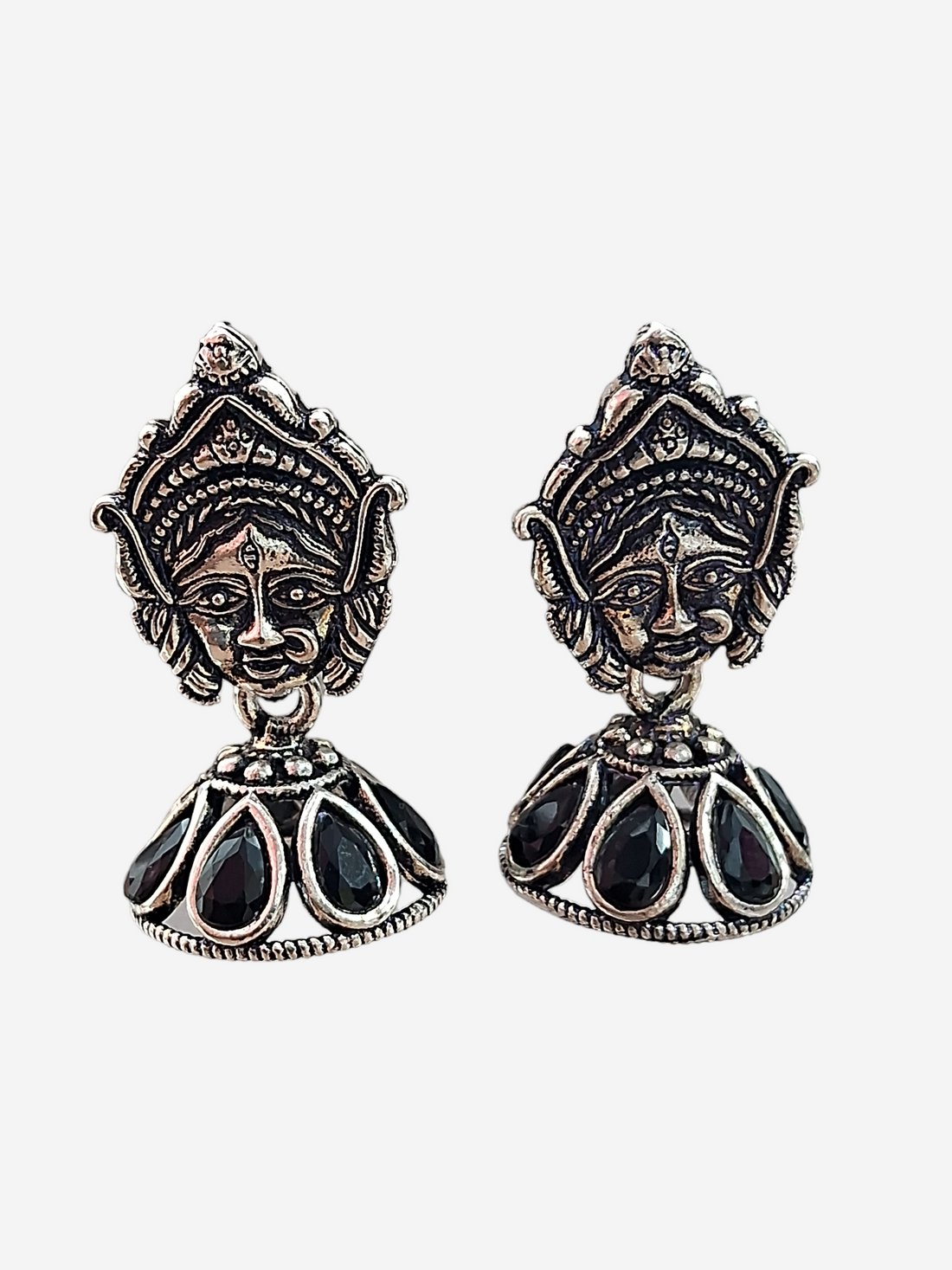 Goddess Durga Face Jhumki, Silver Plated Earrings