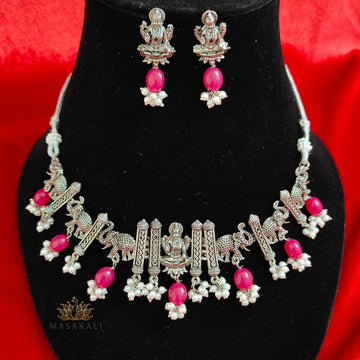 Goddess Laxmi Choker Necklace With Earrings, Silver-Toned Elephant Art Necklace Set, Ruby