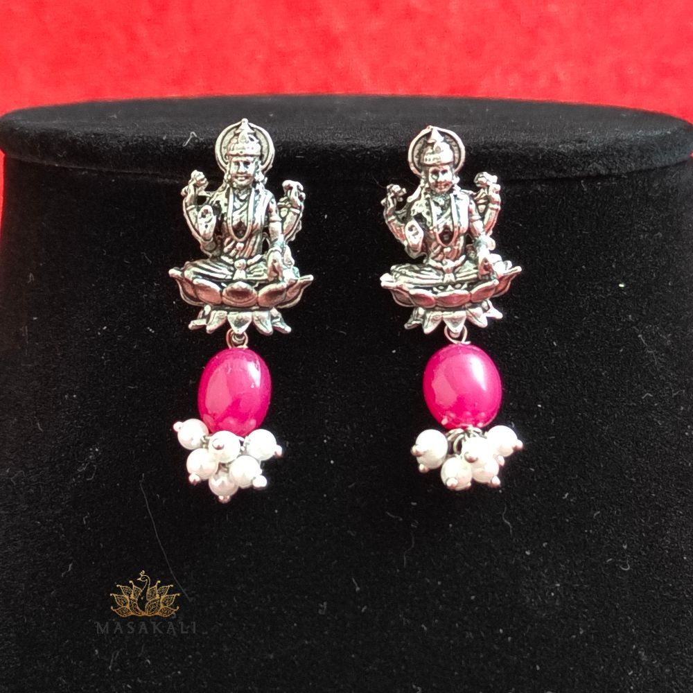 Goddess Laxmi Choker Necklace With Earrings, Silver-Toned Elephant Art Necklace Set, Ruby