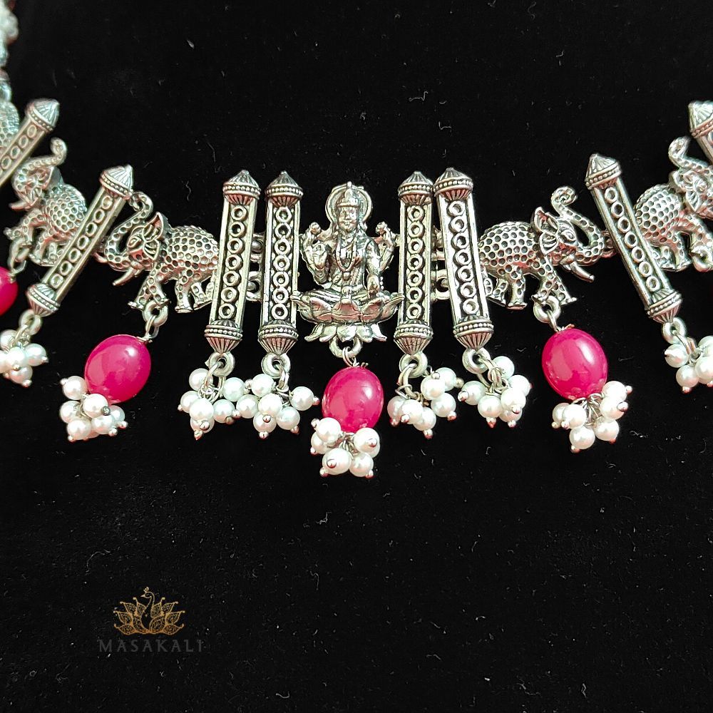 Goddess Laxmi Choker Necklace With Earrings, Silver-Toned Elephant Art Necklace Set, Ruby
