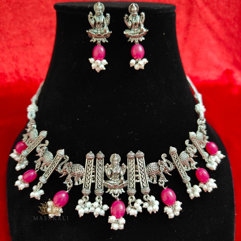 Goddess Laxmi Choker Necklace With Earrings, Silver-Toned Elephant Art Necklace Set, Ruby