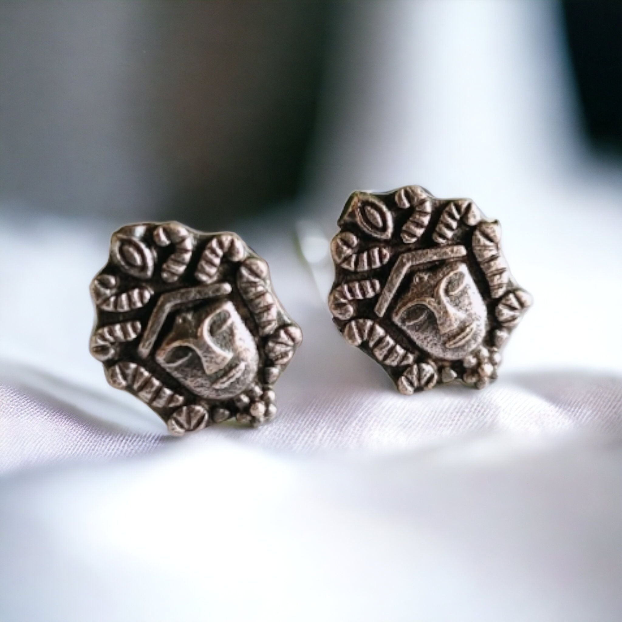 Goddess Oxidised Silver Stud Earrings, Maa Durga Face Traditional Navratri Jewellery (MDYJ1011)