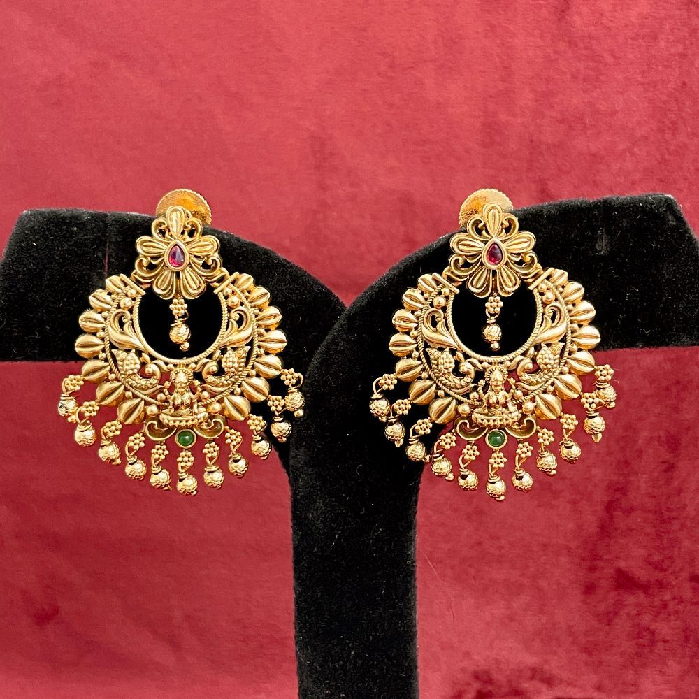 Gold-Plated Antique Goddess Lakshmi Indian Temple Earrings