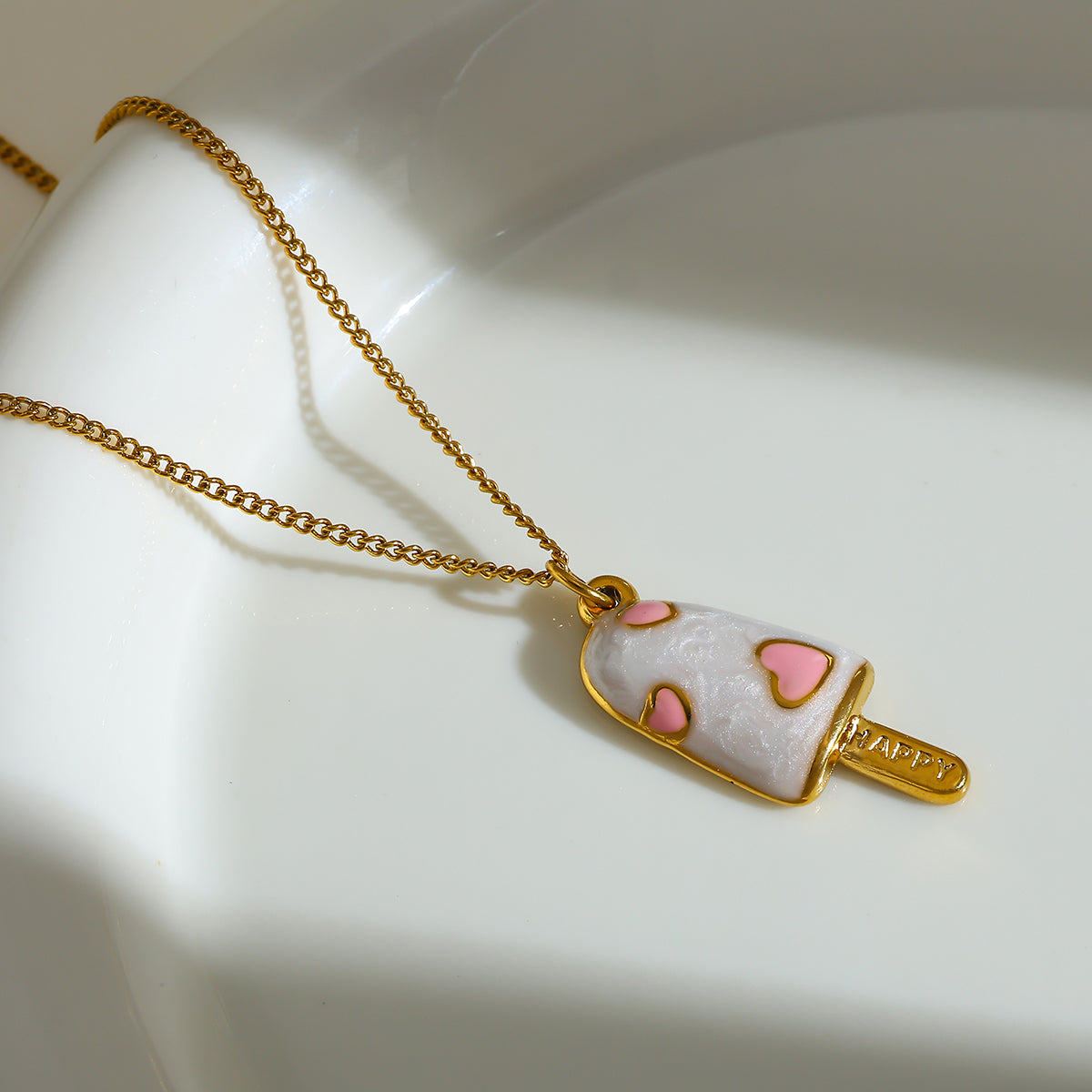 Gold-Plated Artistic Embossed Heart Ice Cream Pendant Necklace, Pink