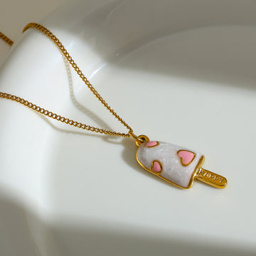 Gold-Plated Artistic Embossed Heart Ice Cream Pendant Necklace, Pink