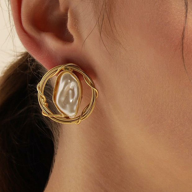Gold-Plated Baroque Pearl Circular Shaped Stud Earrings