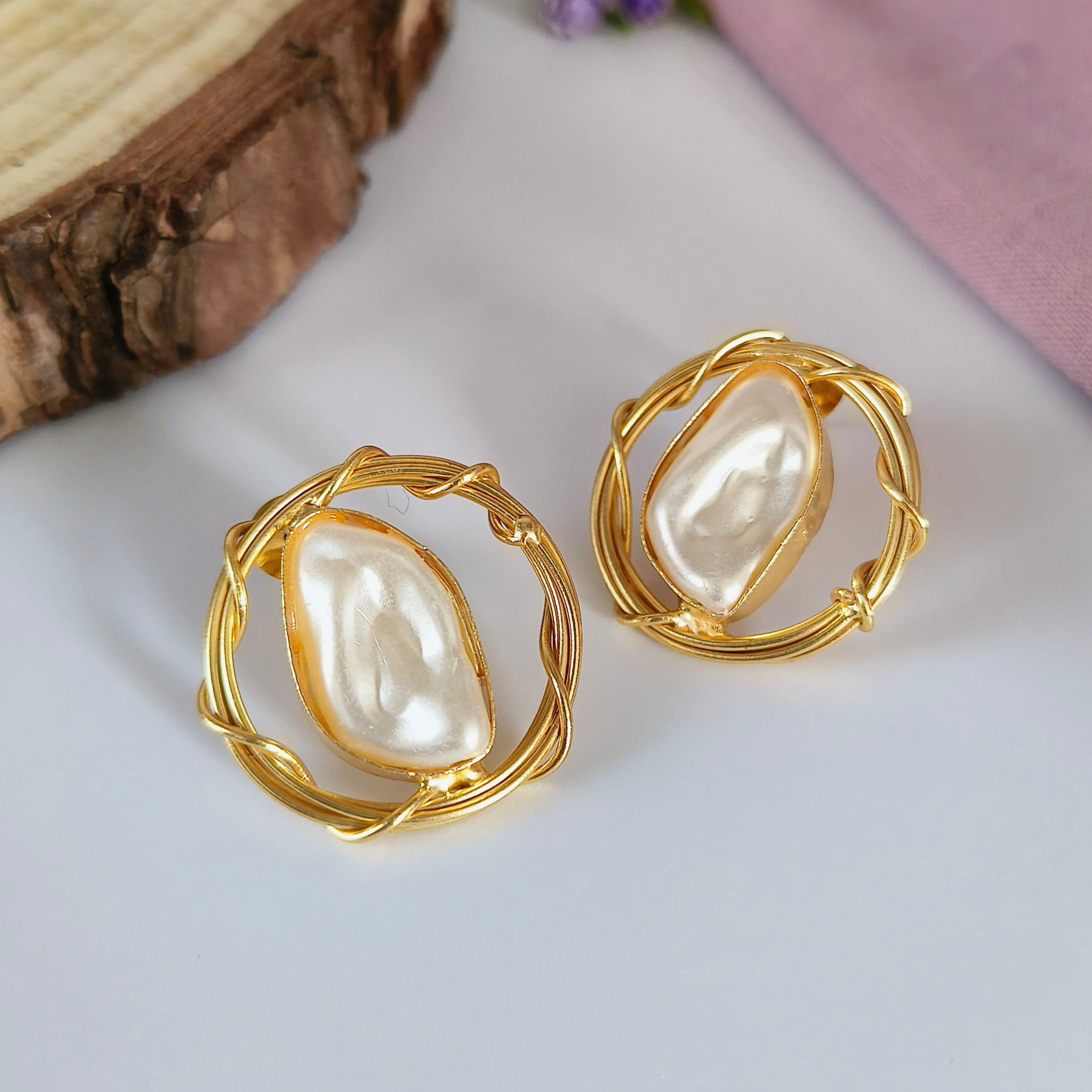 Gold-Plated Baroque Pearl Circular Shaped Stud Earrings