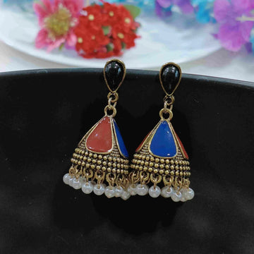 Gold-Plated Beaded Colorful Enamel Art Jhumka Dangler Earrings (MERDRP145)